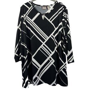 Chicos Women's Top Size XL Black White Abstract 3/4 Sleeve Silver Bar Pullover